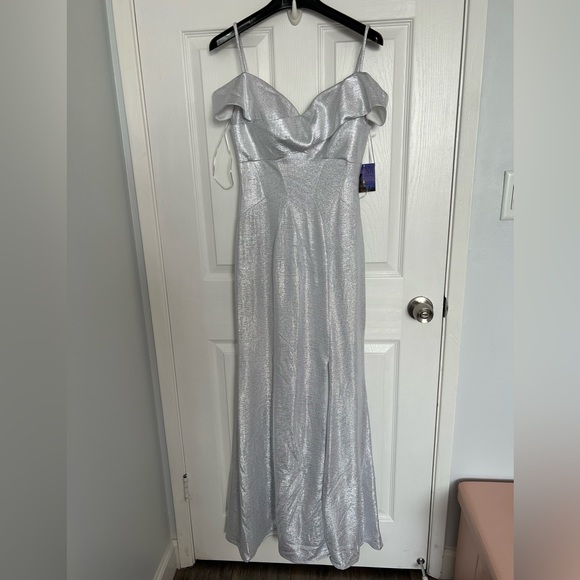 Nightway Long Off-the-Shoulder Metallic Open Leg Maxi Dress - Picture 7 of 14